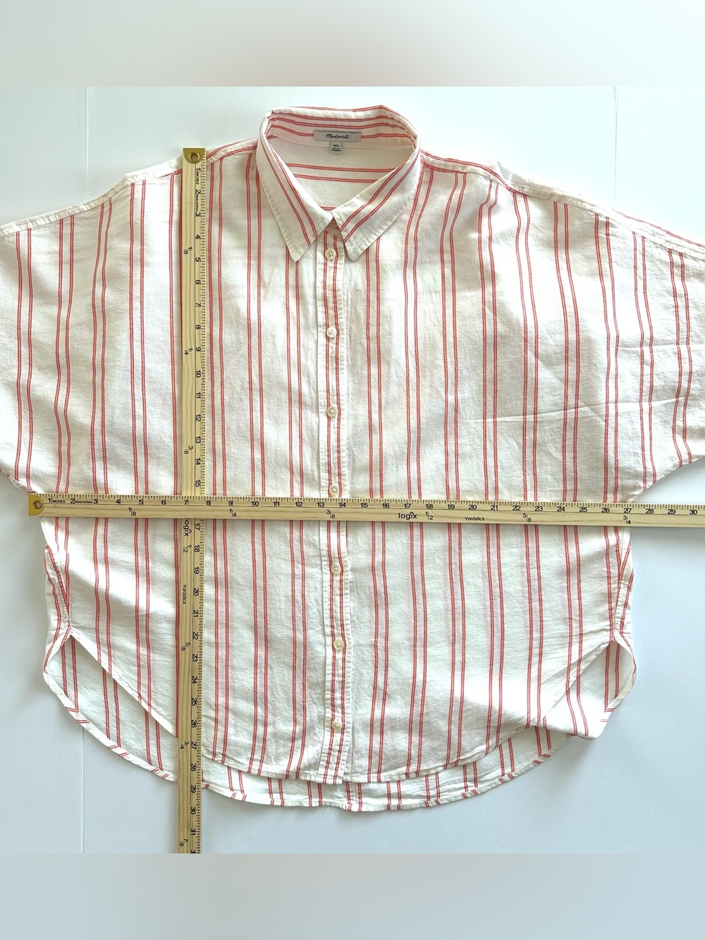 Madewell Oversized Pleated Sleeve Button Up Shirt in Bright Flame Stripe | XXL - Picture 7 of 14